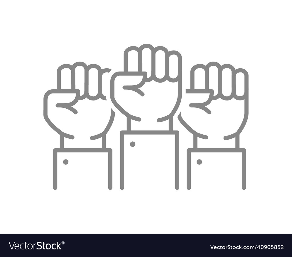 Three raised fists line icon unity teamwork