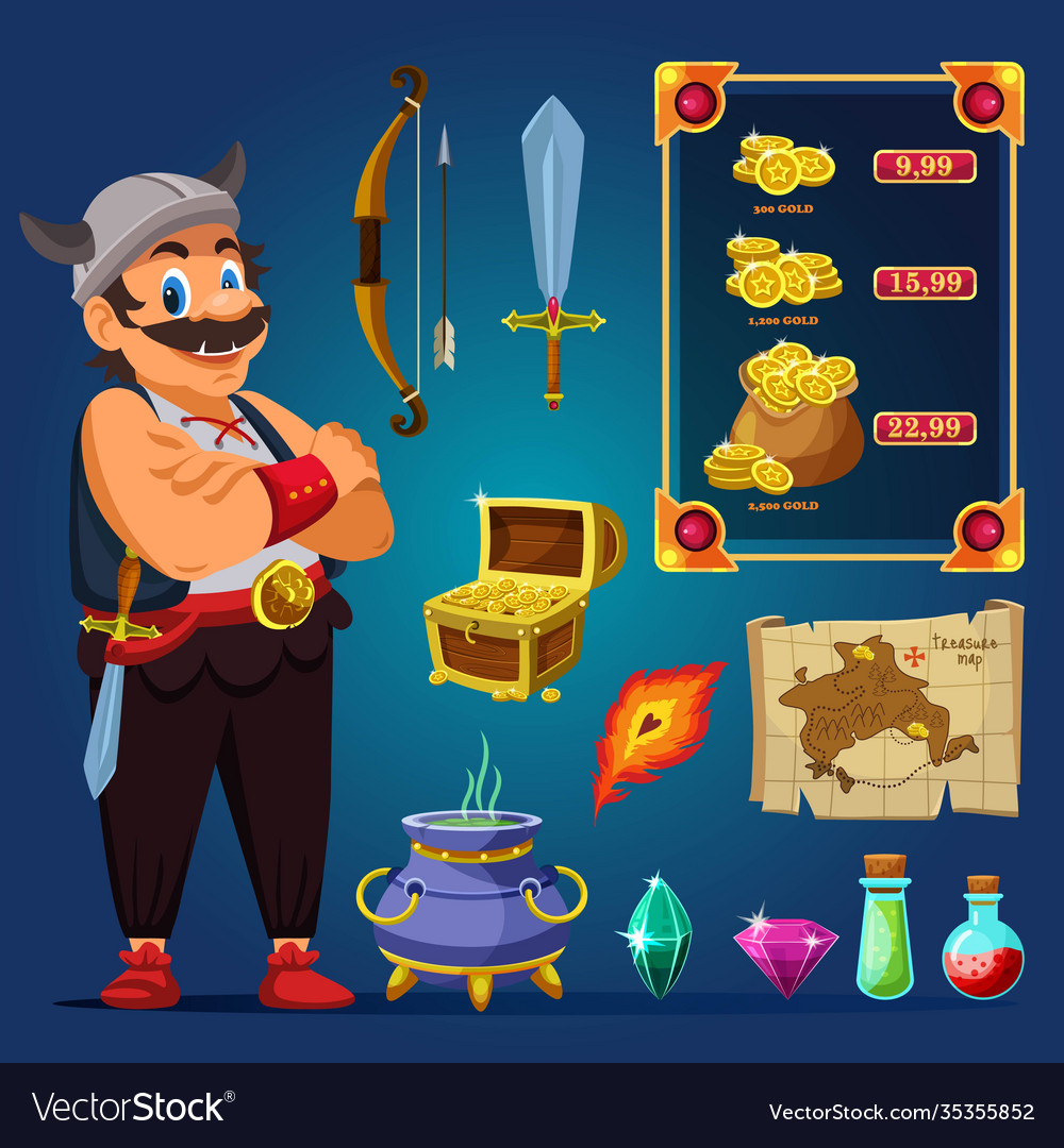 Viking character and game item isolated set vector image Viking character and game item isolated set