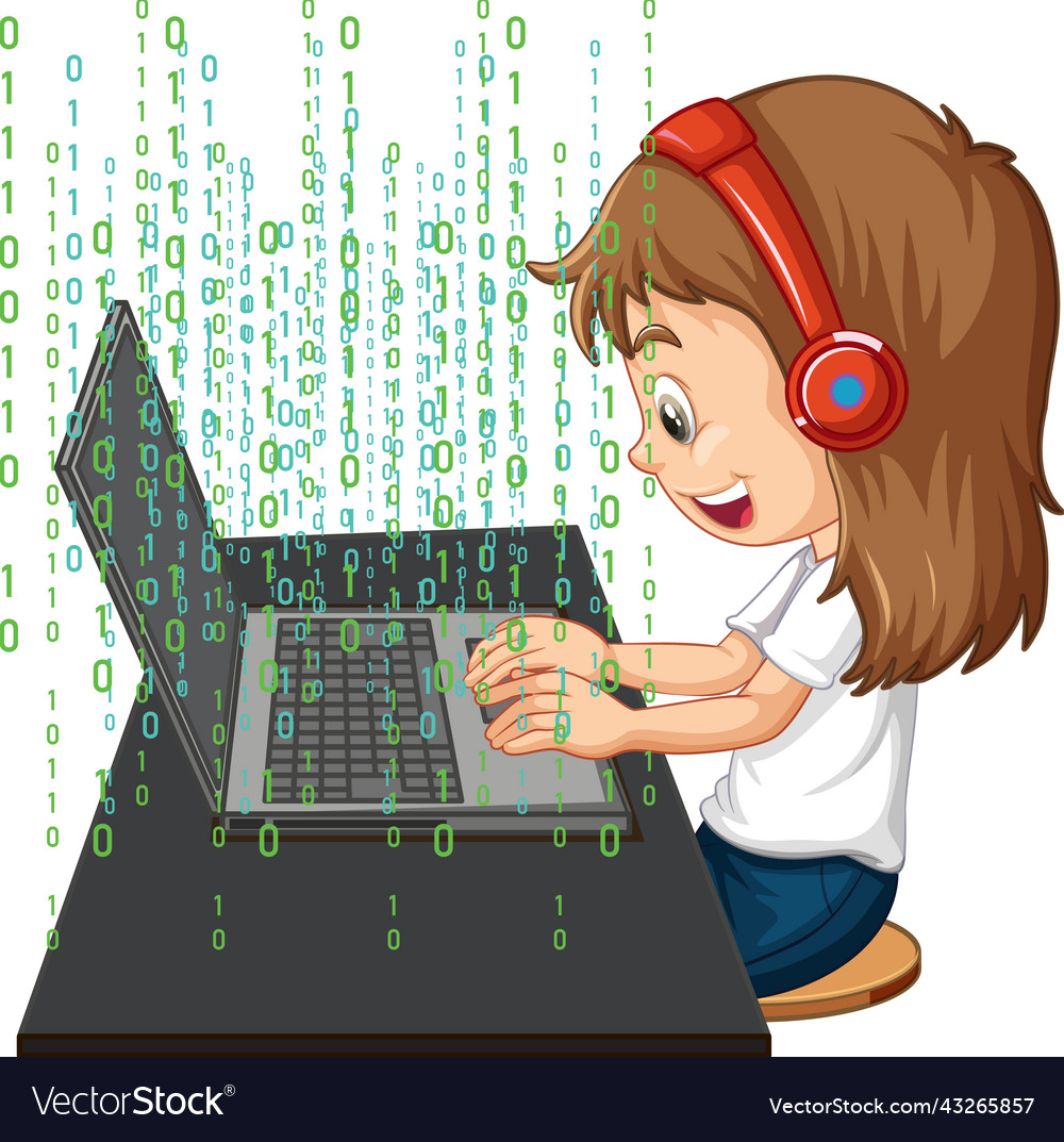 A girl using laptop with binary code vector image A girl using laptop with binary code