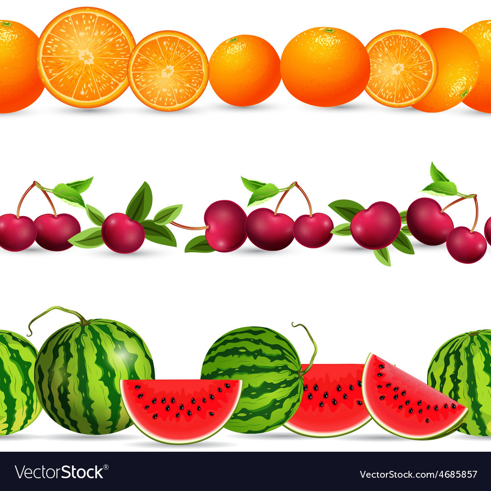 Collection seamless borders with fruits on white