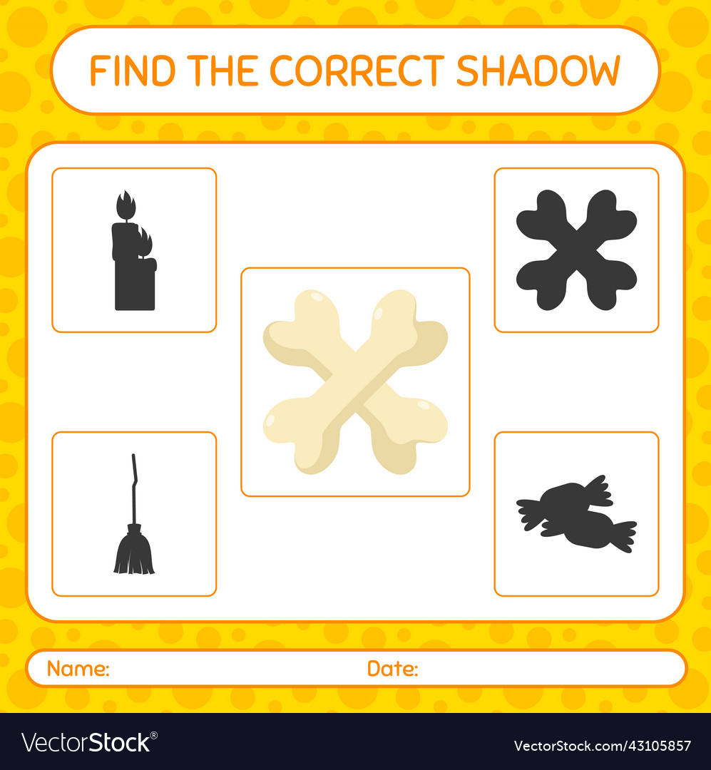 Find the correct shadows game with bone worksheet Vector Image Find the correct shadows game with bone worksheet