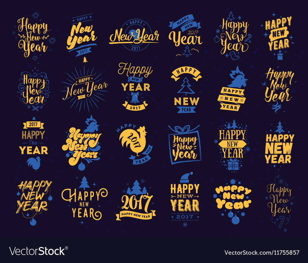 Happy new year typographic emblems set
