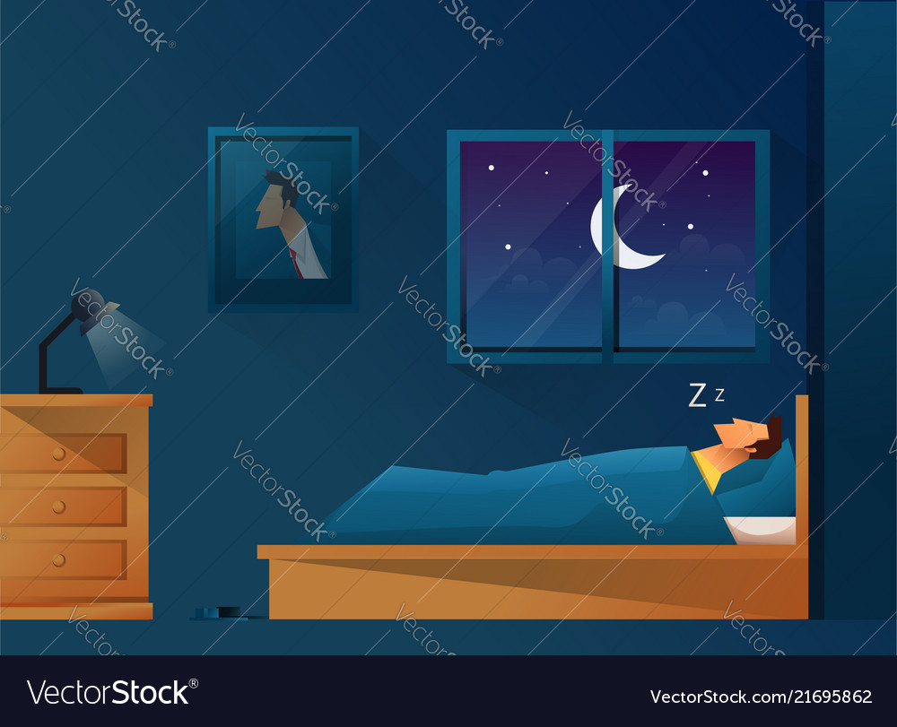 Man sleeps at night in bed room with a window at Vector Image
