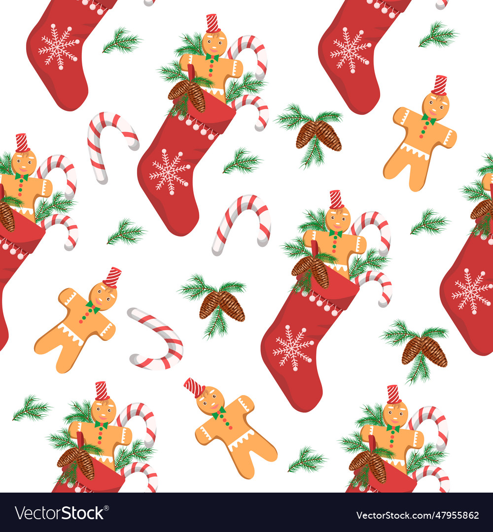 Pattern christmas stocking with gingerbread vector image Pattern christmas stocking with gingerbread