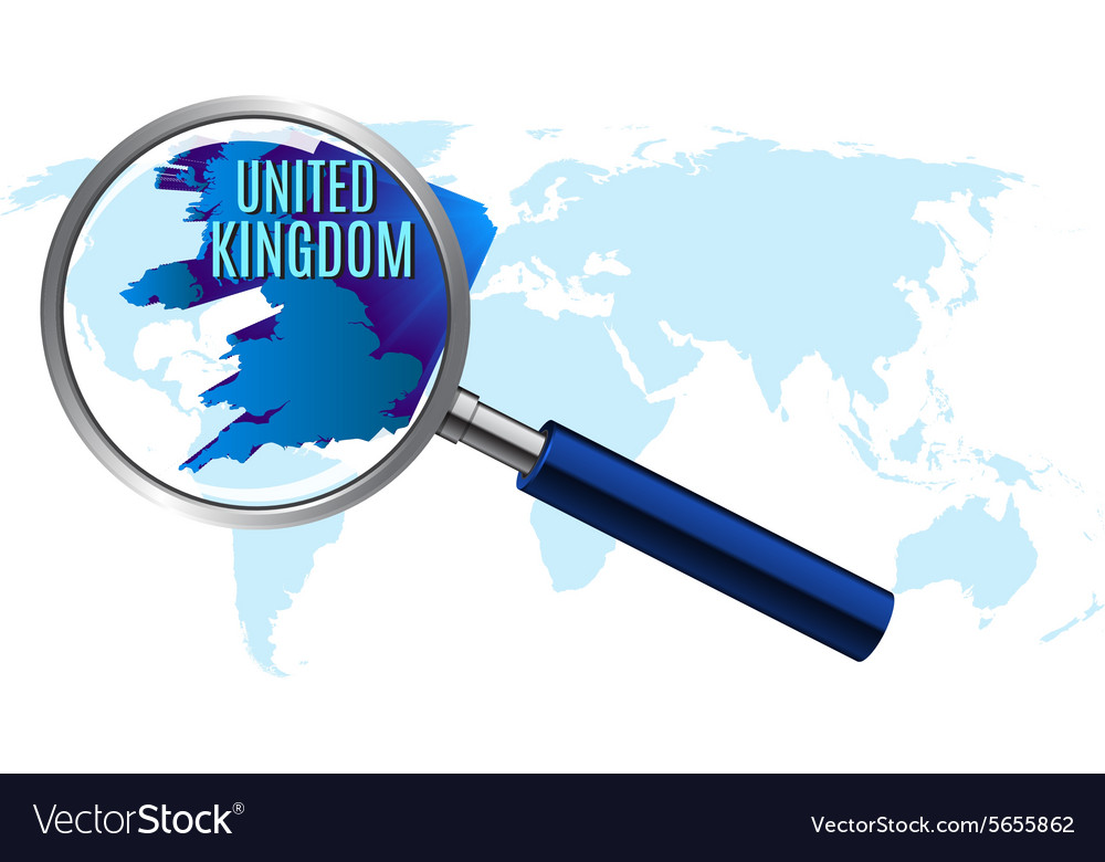 World map with united kingdom magnified by loupe