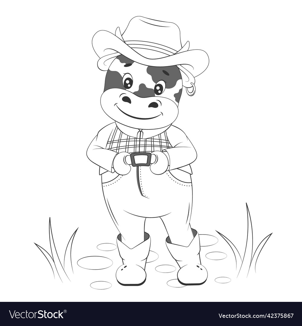 Cute cowboy calf farmer cartoon style monochrome