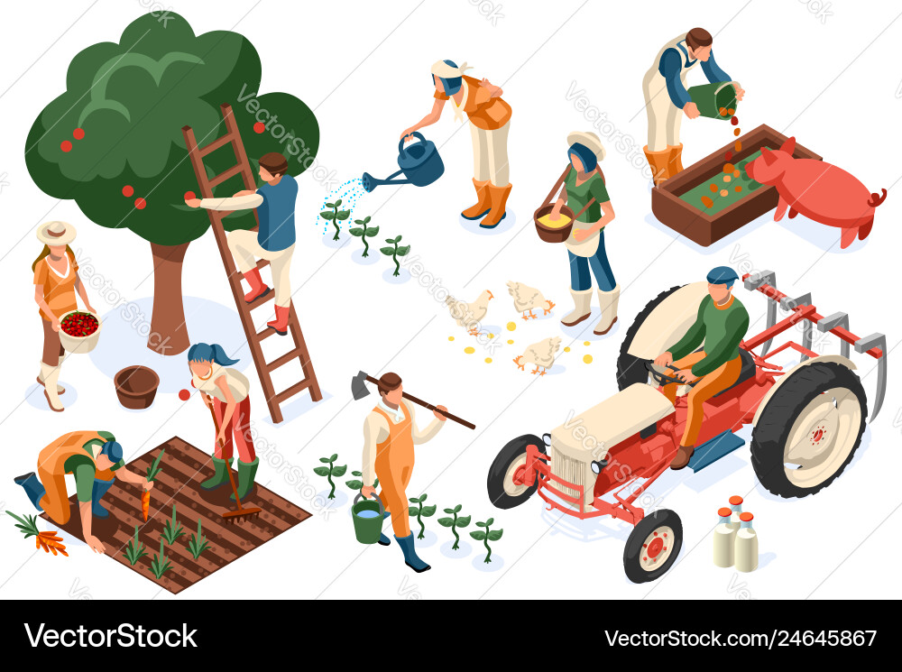 Flat tractor set farmer Royalty Free Vector Image