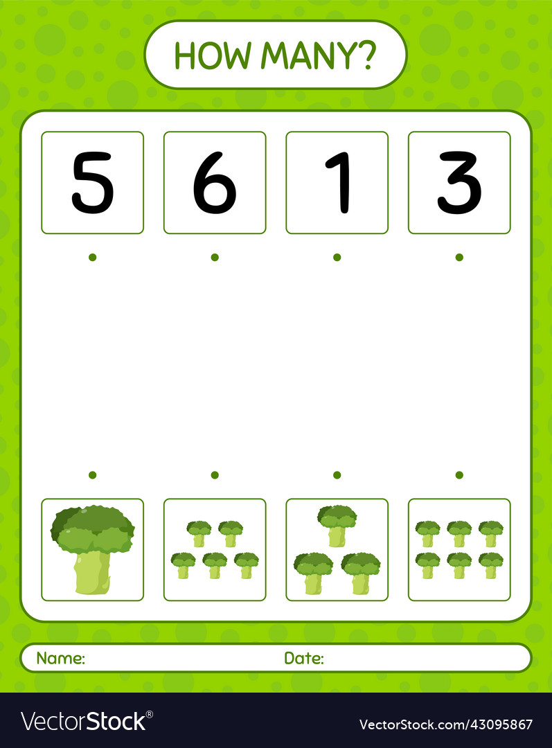 How many counting game with broccoli worksheet vector image How many counting game with broccoli worksheet