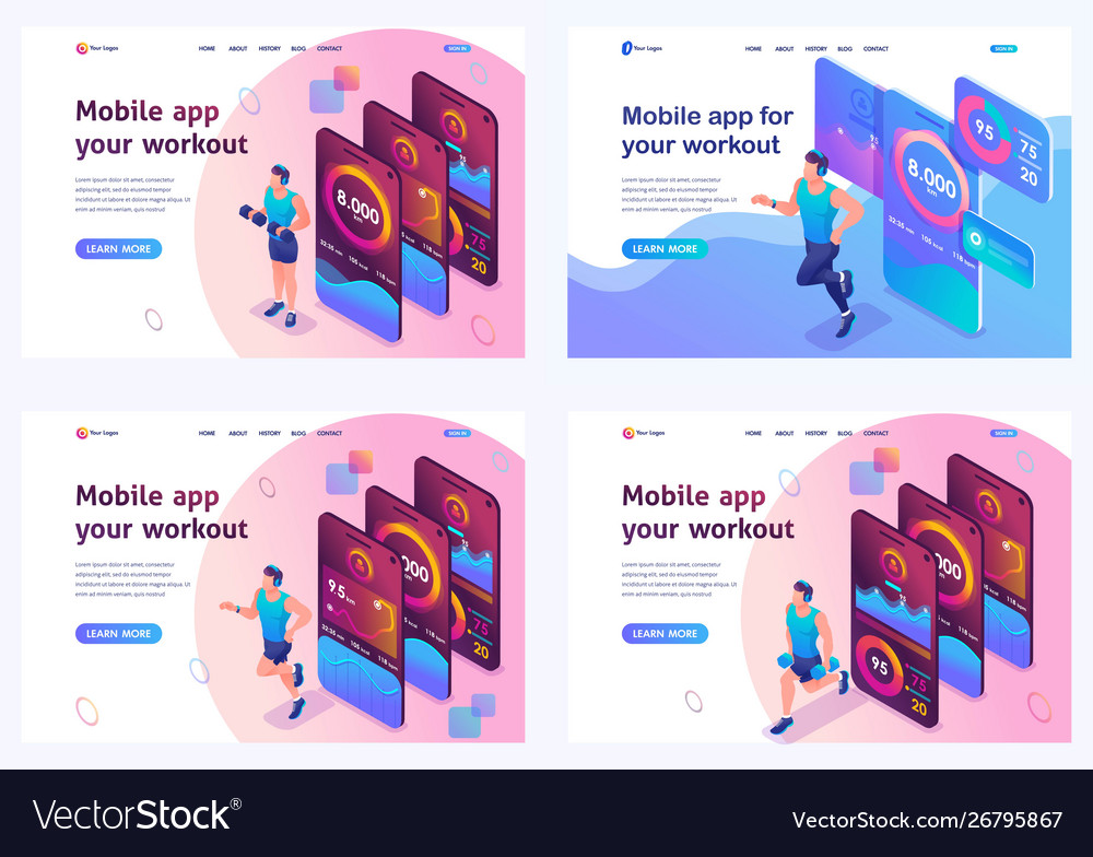 Set isometric landing pages concepts using