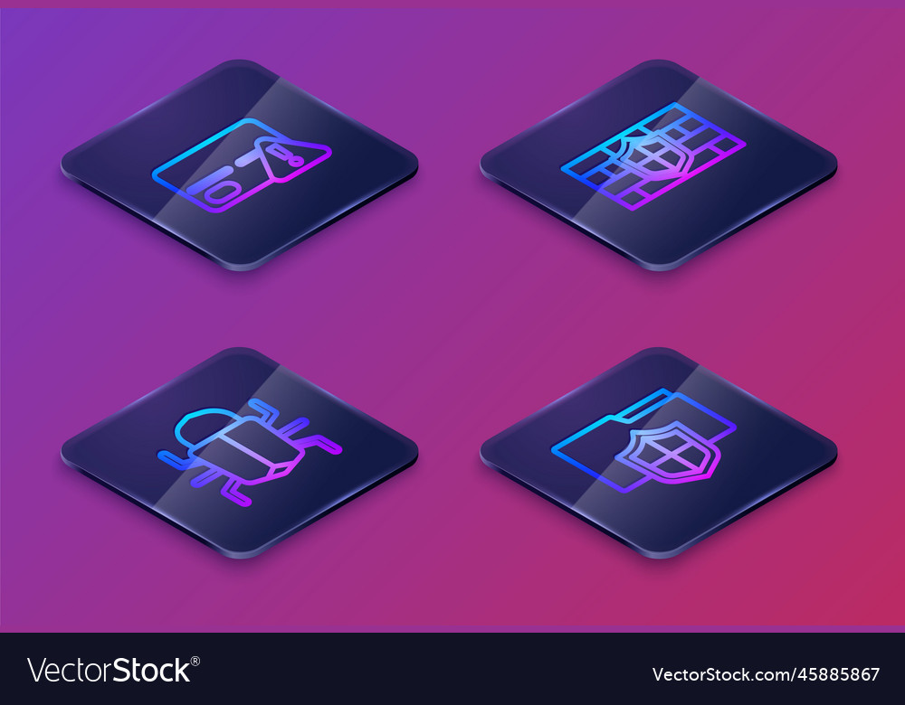 Set isometric line credit card system bug shield vector image Set isometric line credit card system bug shield
