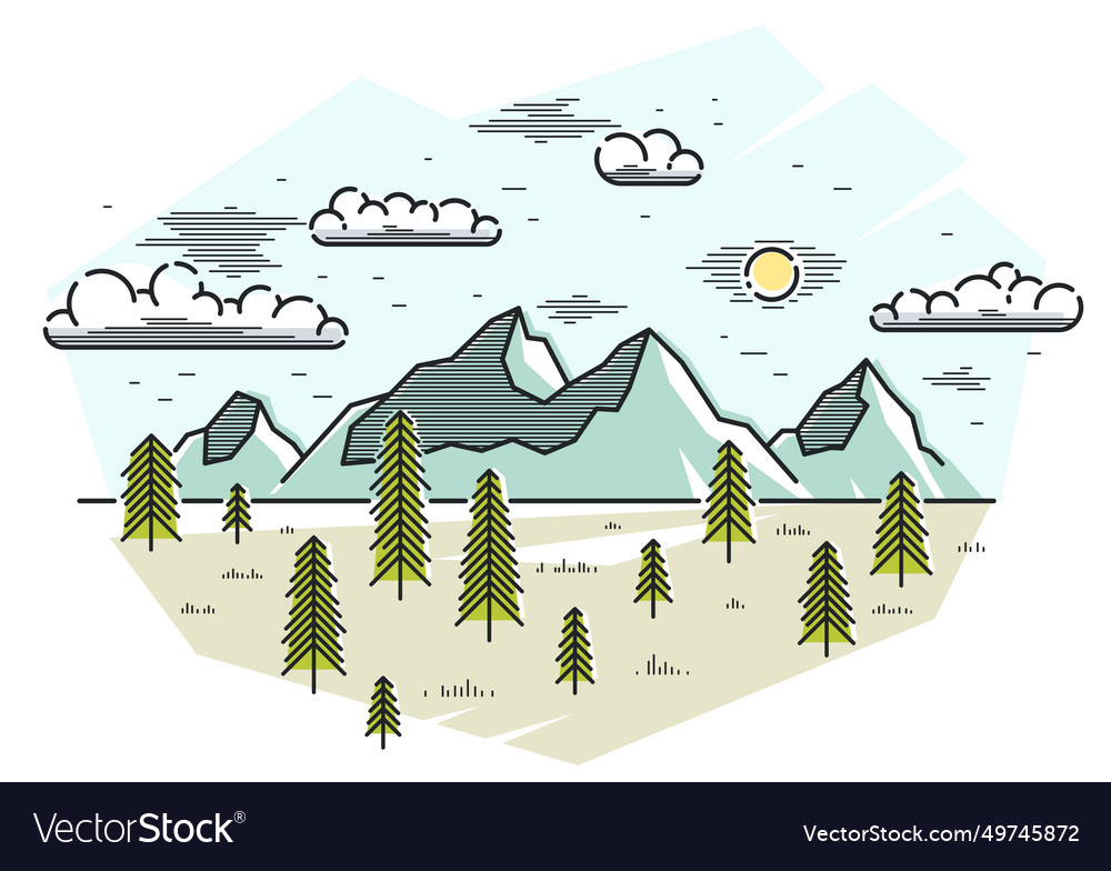 Mountains range and pine forest linear isolated
