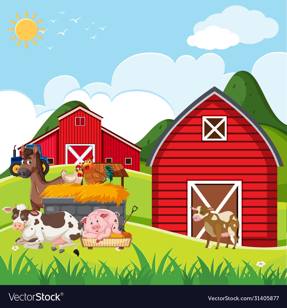 Farm scene with many animals on Royalty Free Vector Image