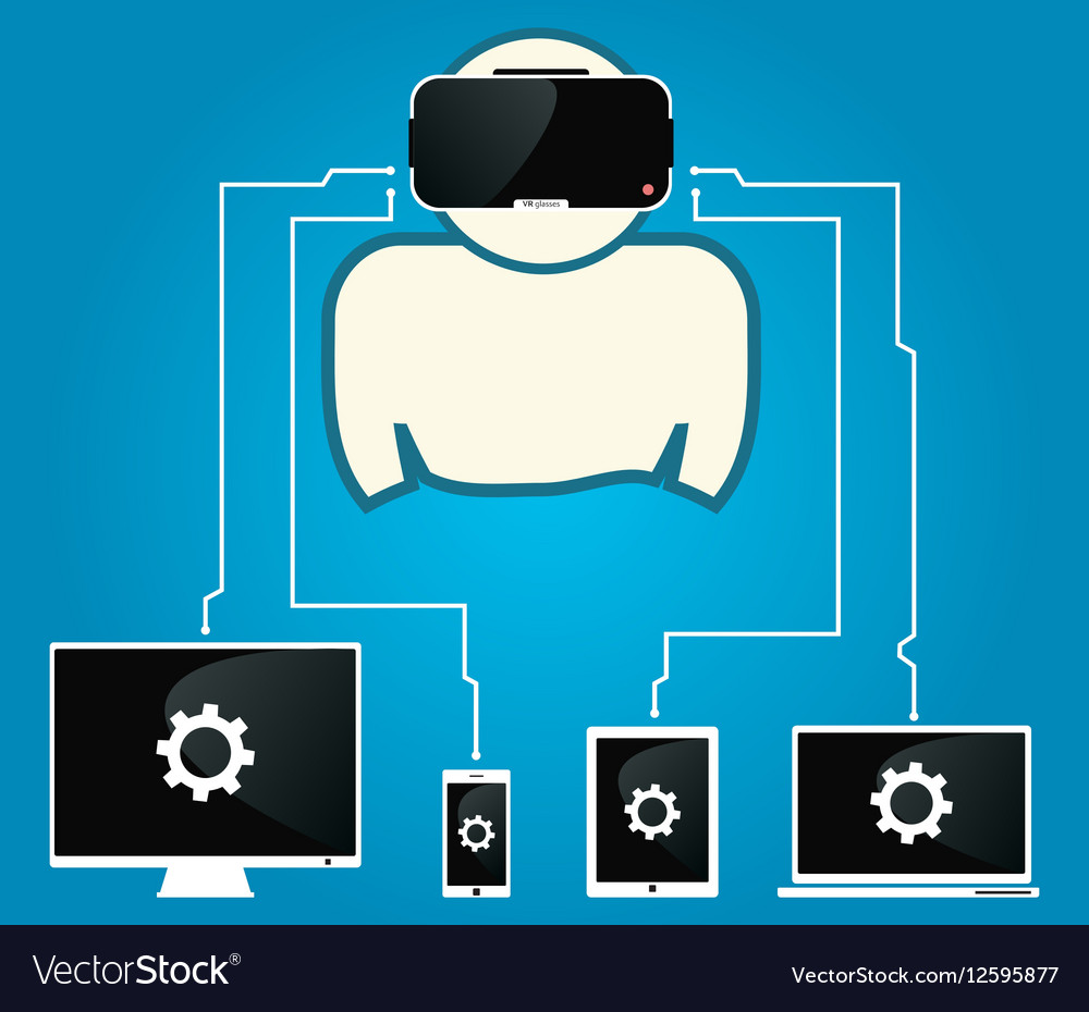 Man with glasses of virtual reality are connected