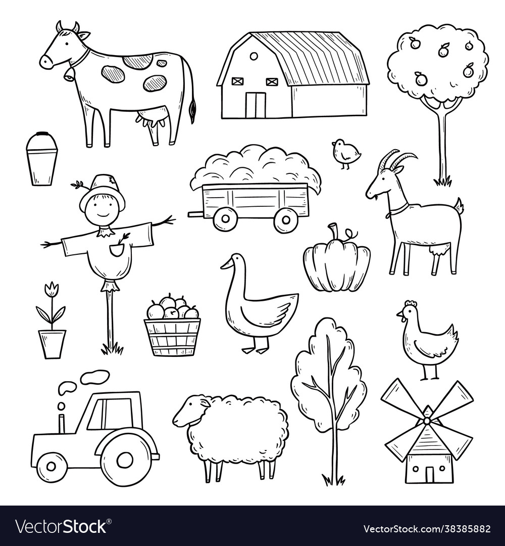 Hand drawn set farm animal farmer food Royalty Free Vector