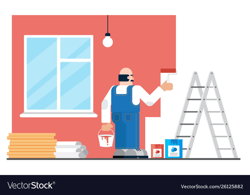 Hired man in uniform painting walls during Vector Image