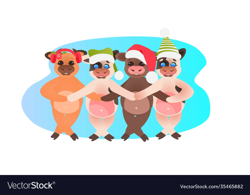 Little oxes in santa hats holding hands Vector Image Little oxes in santa hats holding hands