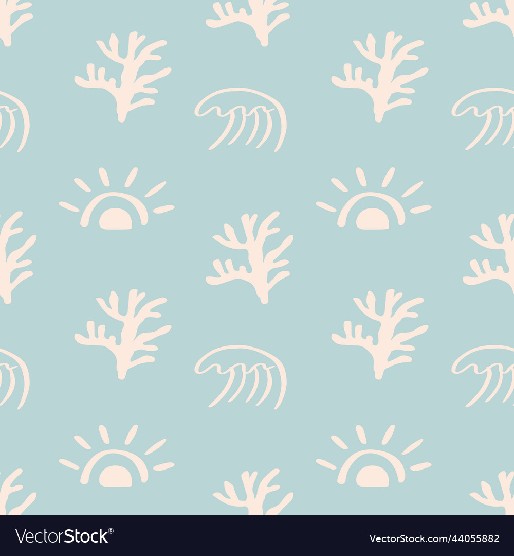 Ocean seamless pattern with corals waves seaweed