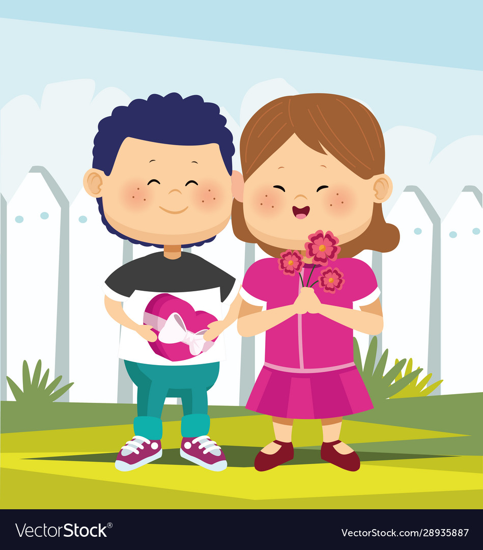 Cartoon cute girl and boy in love standing over Vector Image