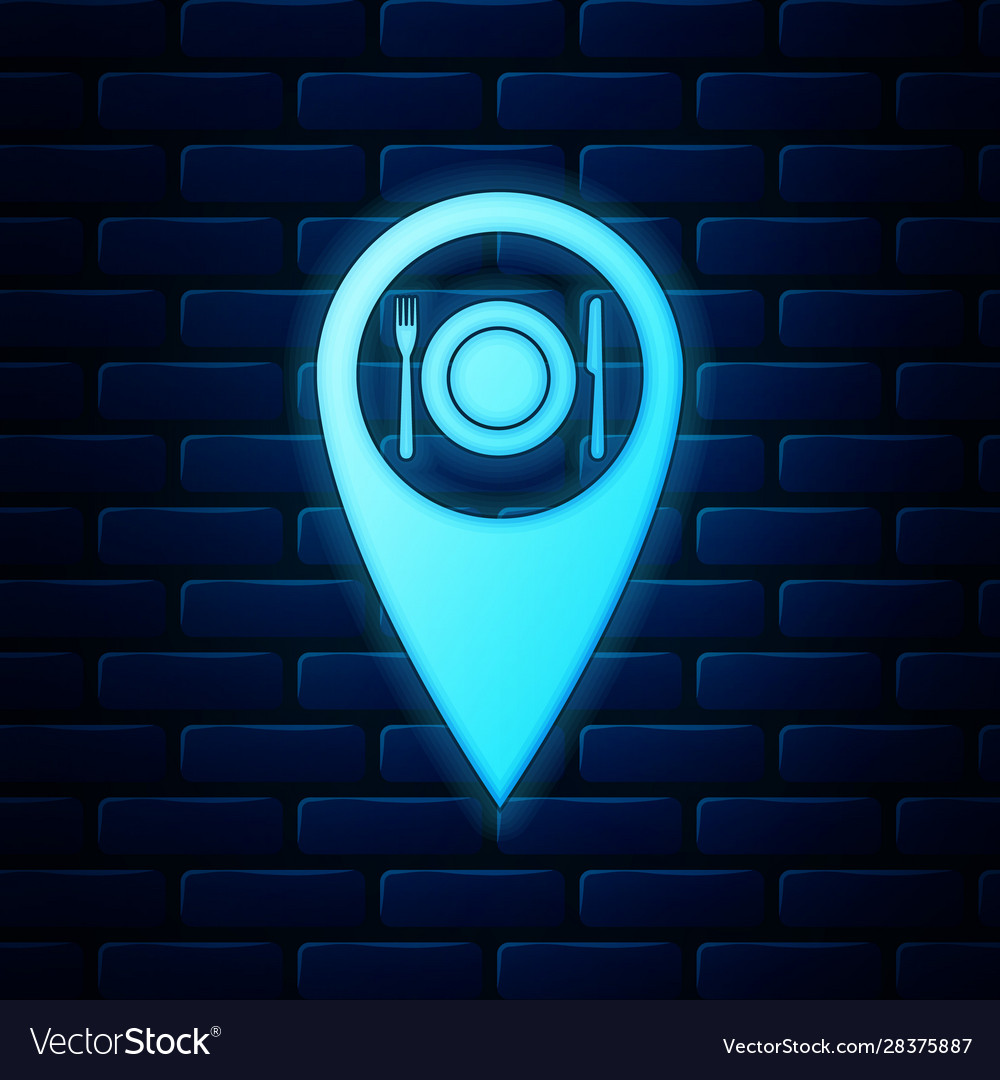 Glowing neon map pointer with restaurant vector image Glowing neon map pointer with restaurant