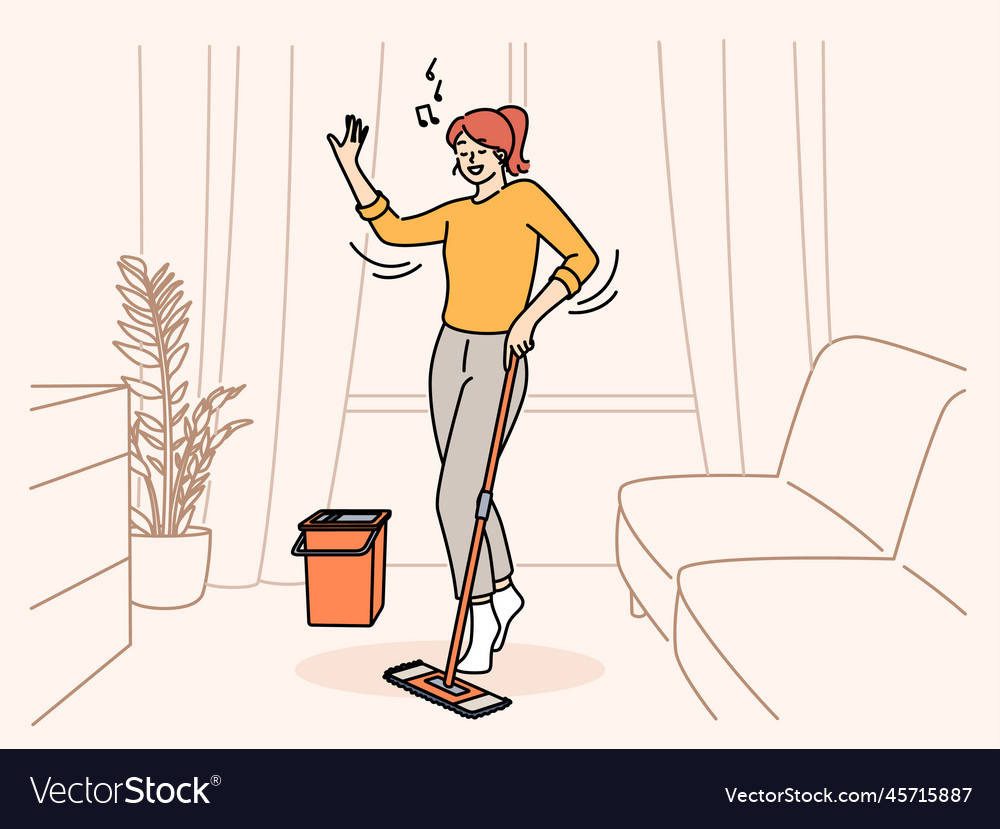 Happy woman listen to music cleaning home vector image Happy woman listen to music cleaning home