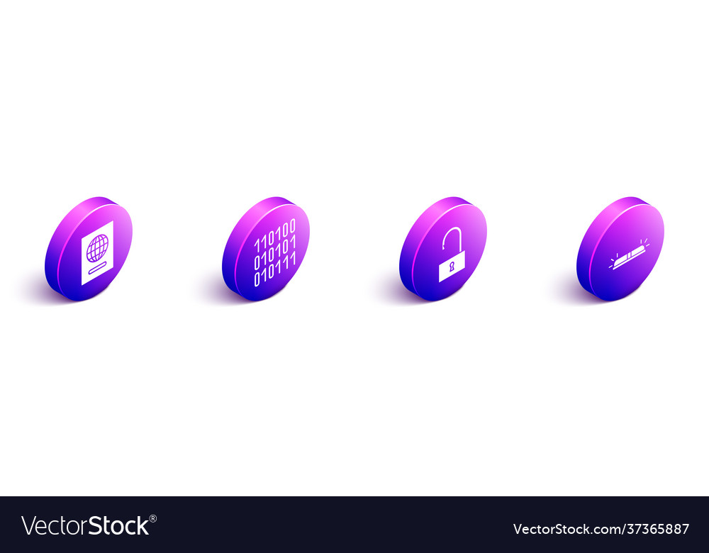 Set isometrischer Pass binärer Code öffnen Vorhängeschloss vector image Set isometrischer Pass binärer Code öffnen Vorhängeschloss