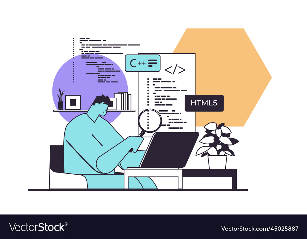 Web developer creating program code on laptop vector image Web developer creating program code on laptop