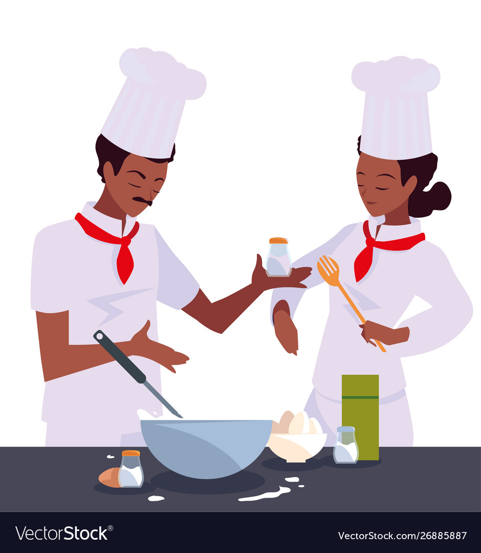 Woman and man chef cooking