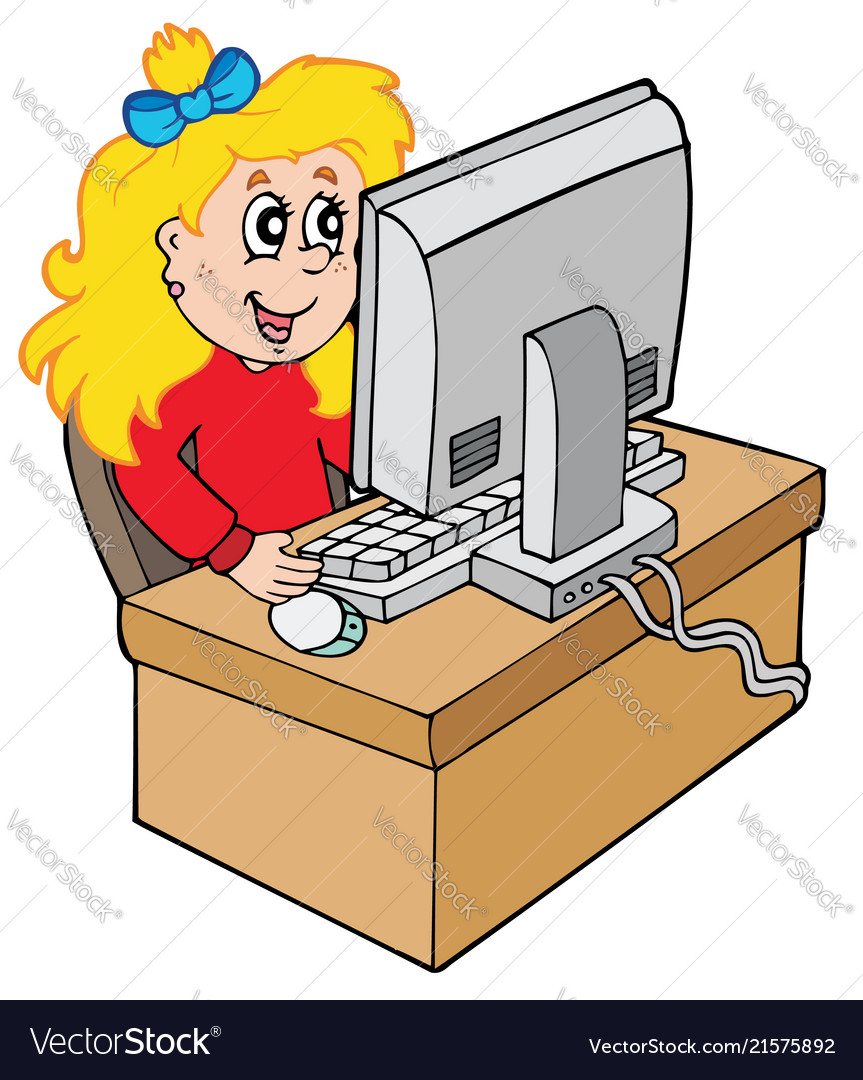 girl working at computer cartoons