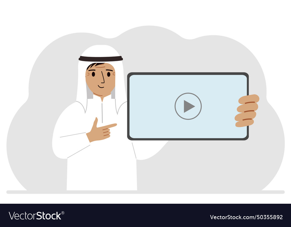 Man holding tablet computer with video player