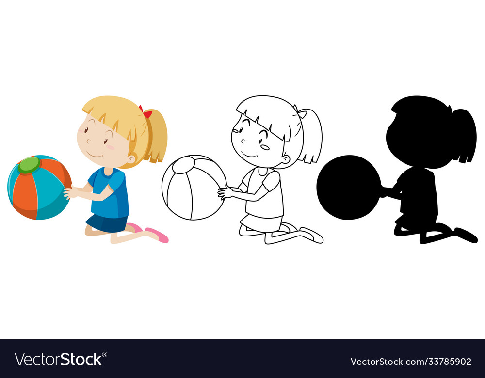 Girl with ball in color and in outline Royalty Free Vector