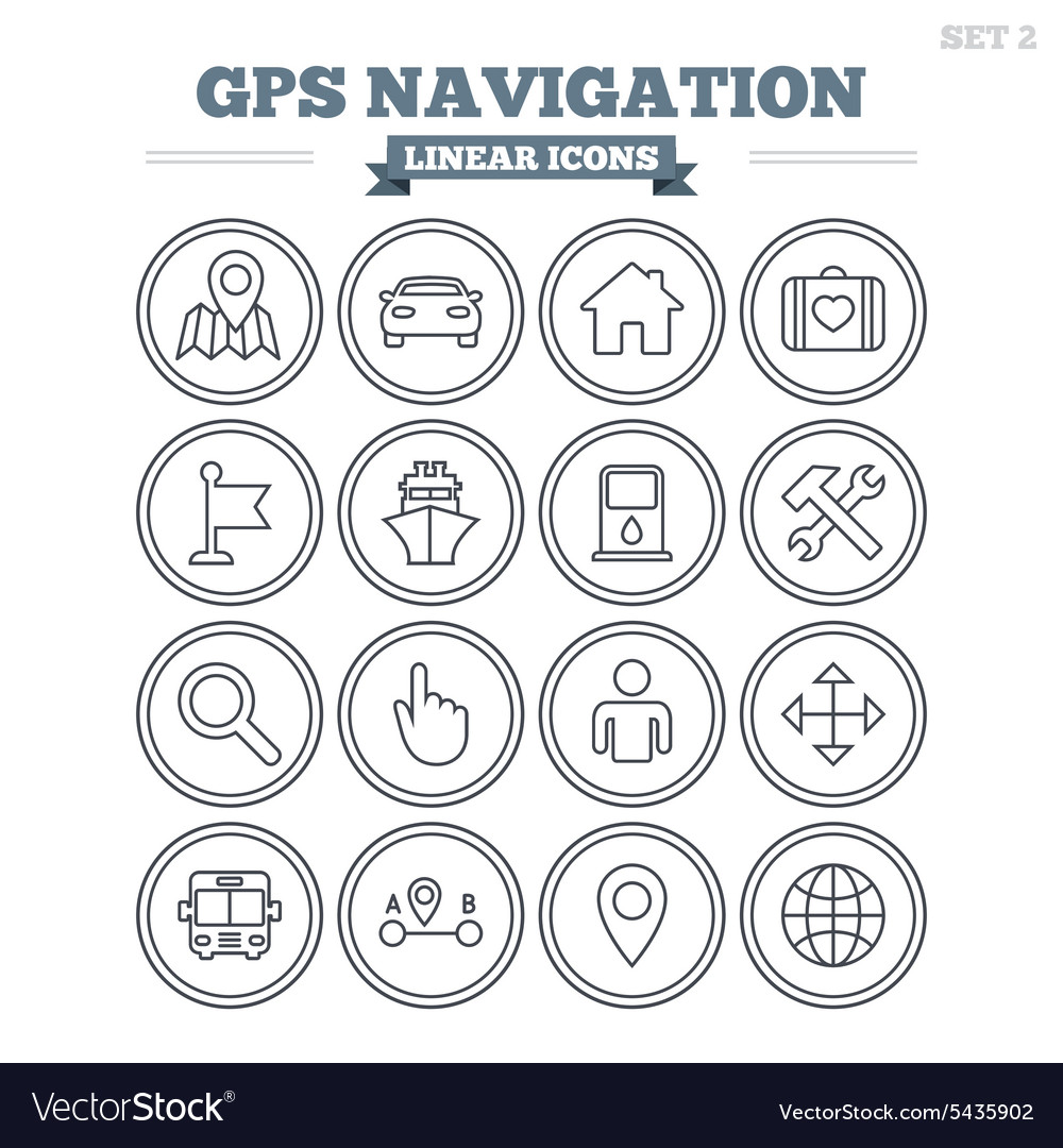 Gps navigation linear icons set thin outline