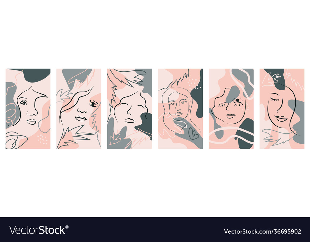 Set womans face continuous line art abstract