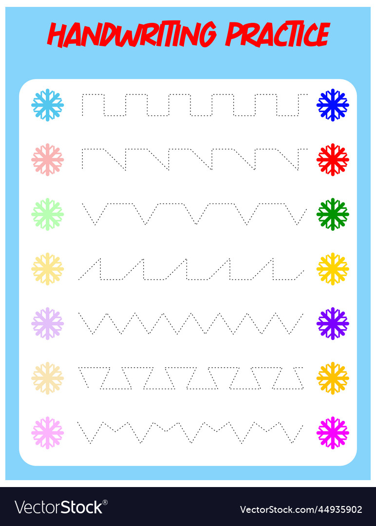 Tracing lines with snowflake handwriting practice vector image Tracing lines with snowflake handwriting practice