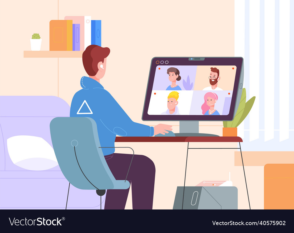 Videoconference on computer video call from home vector image Videoconference on computer video call from home
