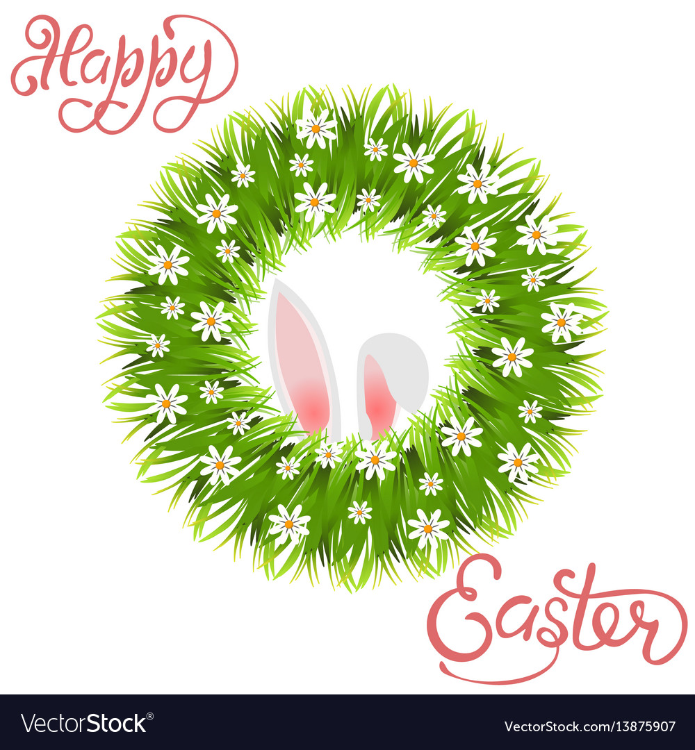 Happy easter green wreath of grass and chamomile vector image Happy easter green wreath of grass and chamomile