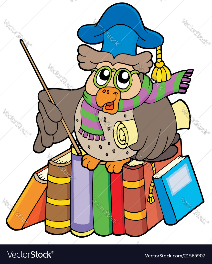 Download Owl teacher with parchment and books Royalty Free Vector