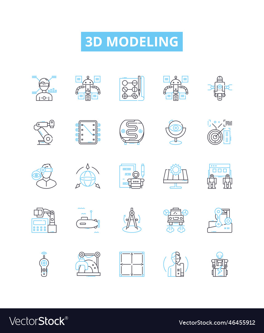 3d modeling line icons set modelling