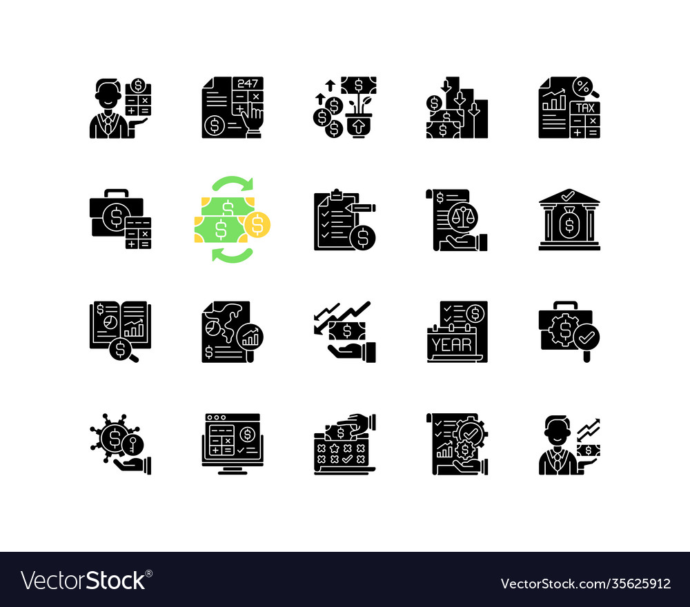 Accounting black glyph icons set on white space