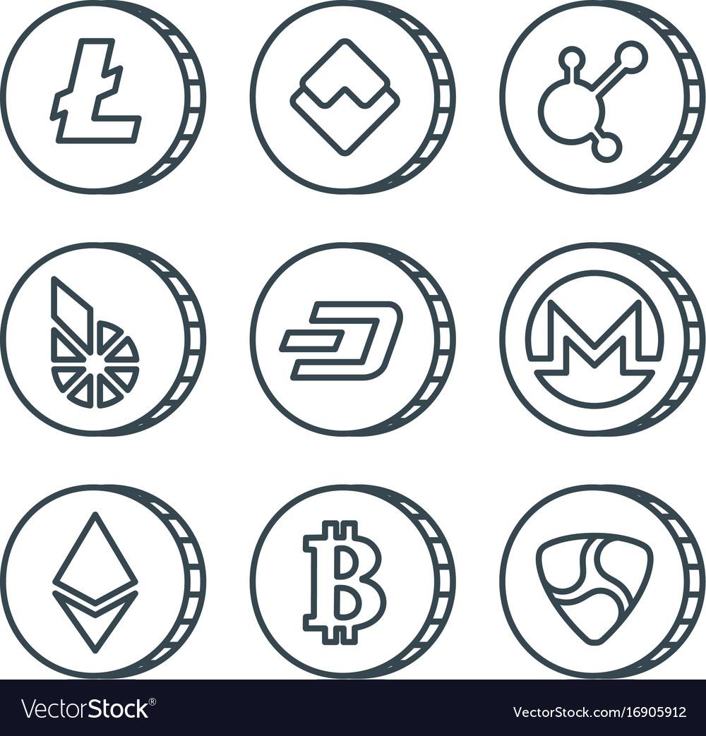 Cryptocurrency black outline icon set isolated