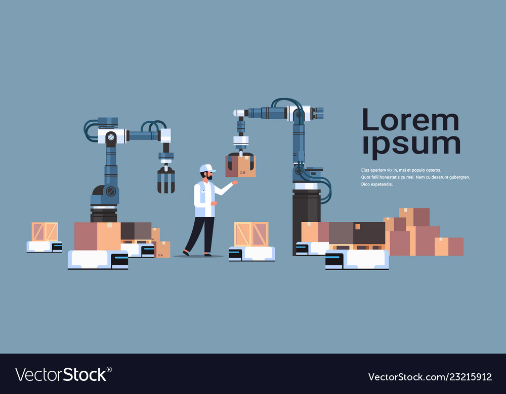 Man engineer controlling robotic hands putting vector image Man engineer controlling robotic hands putting
