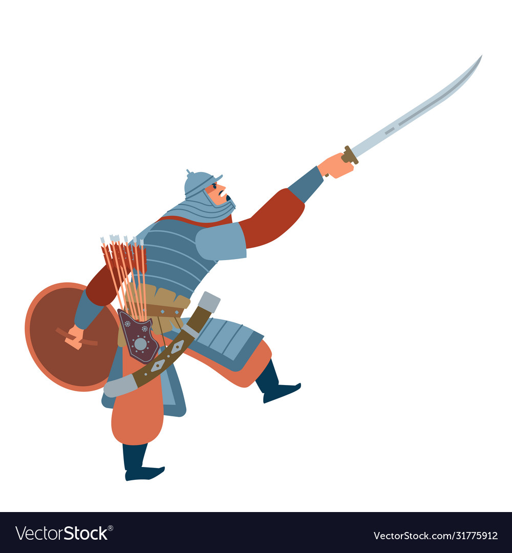 Nomad mongol man in steppe holding sword attacking