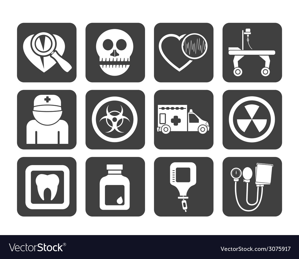 Silhouette medicine and hospital equipment icons