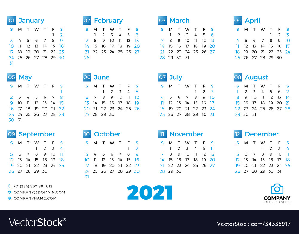 Simple calendar template for 2021 year week vector image Simple calendar template for 2021 year week