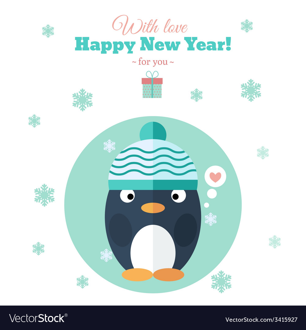 Holiday card with penguin in flat