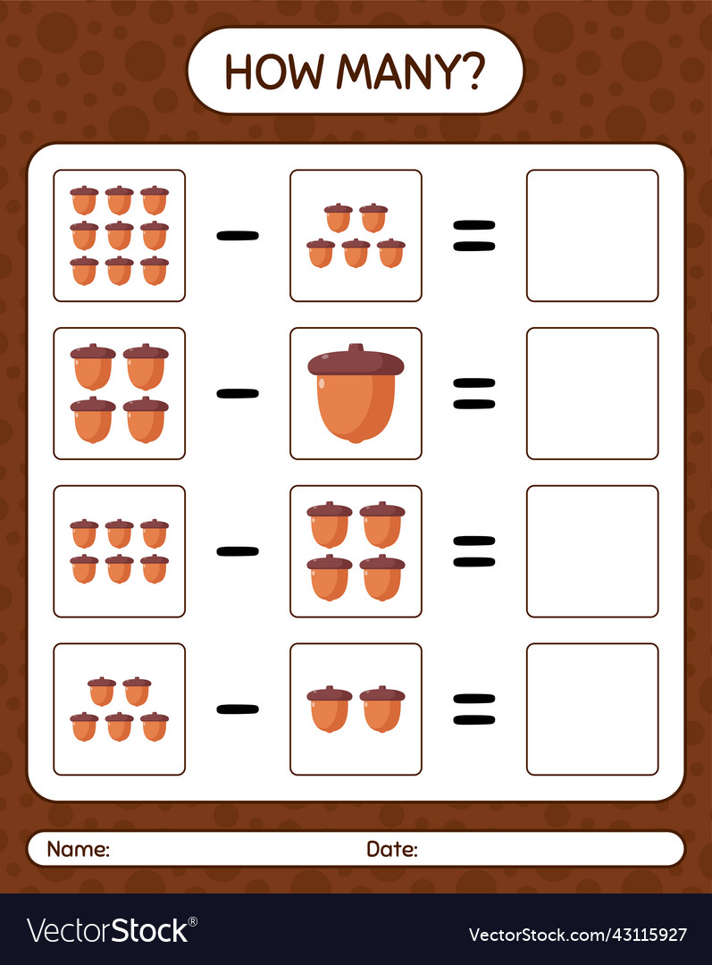 How many counting game with acorn worksheet vector image How many counting game with acorn worksheet