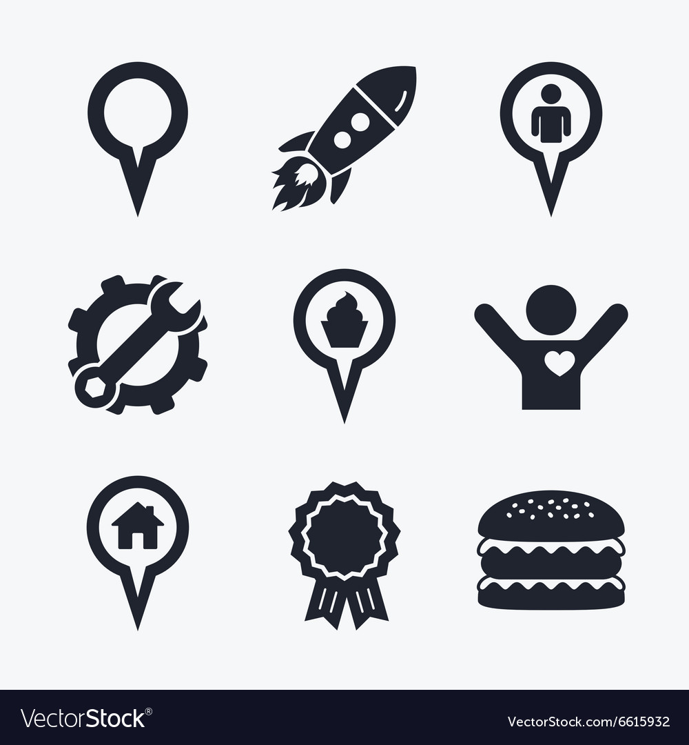 Map pointer icons home food and user location