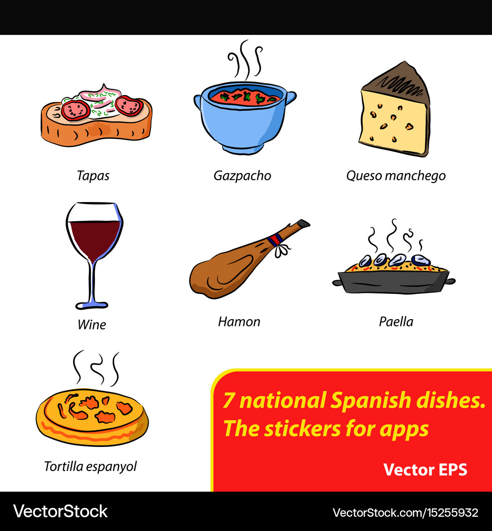 The 7 spanish food stickers Royalty Free Vector Image