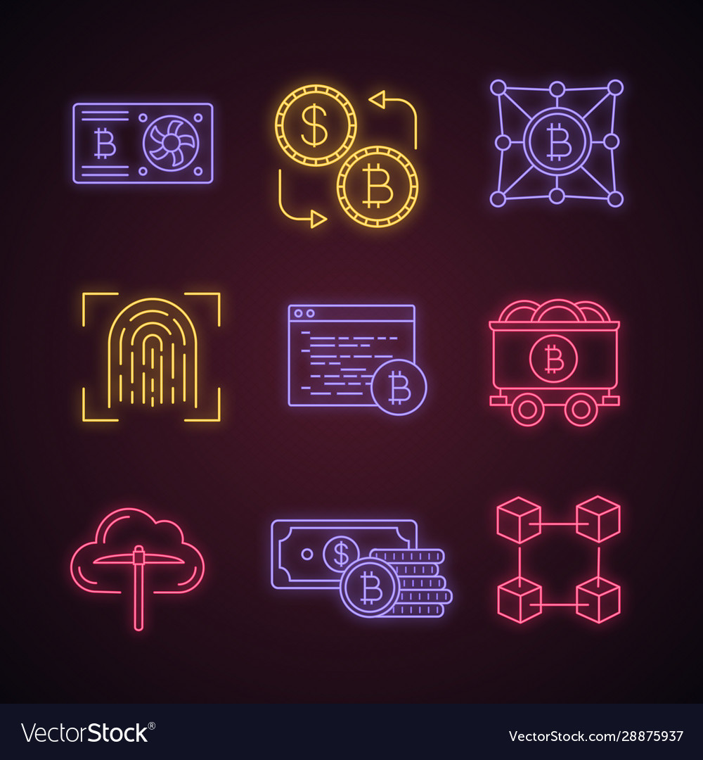 Bitcoin cryptocurrency neon light icons set