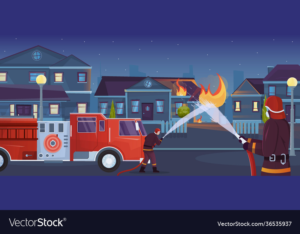 City firefighters flat composition Royalty Free Vector Image