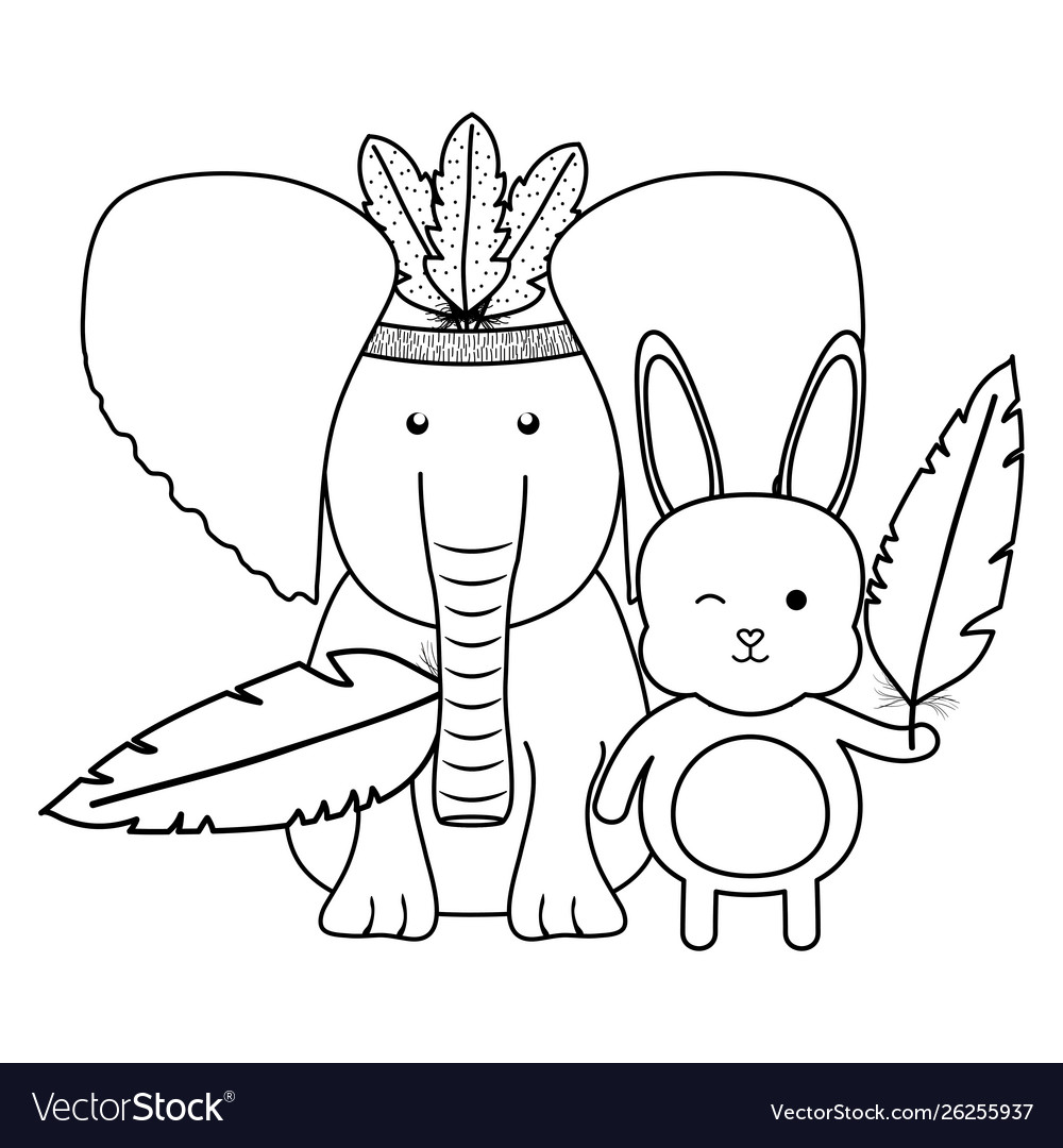 Elephant and rabbit with feathers hat bohemian